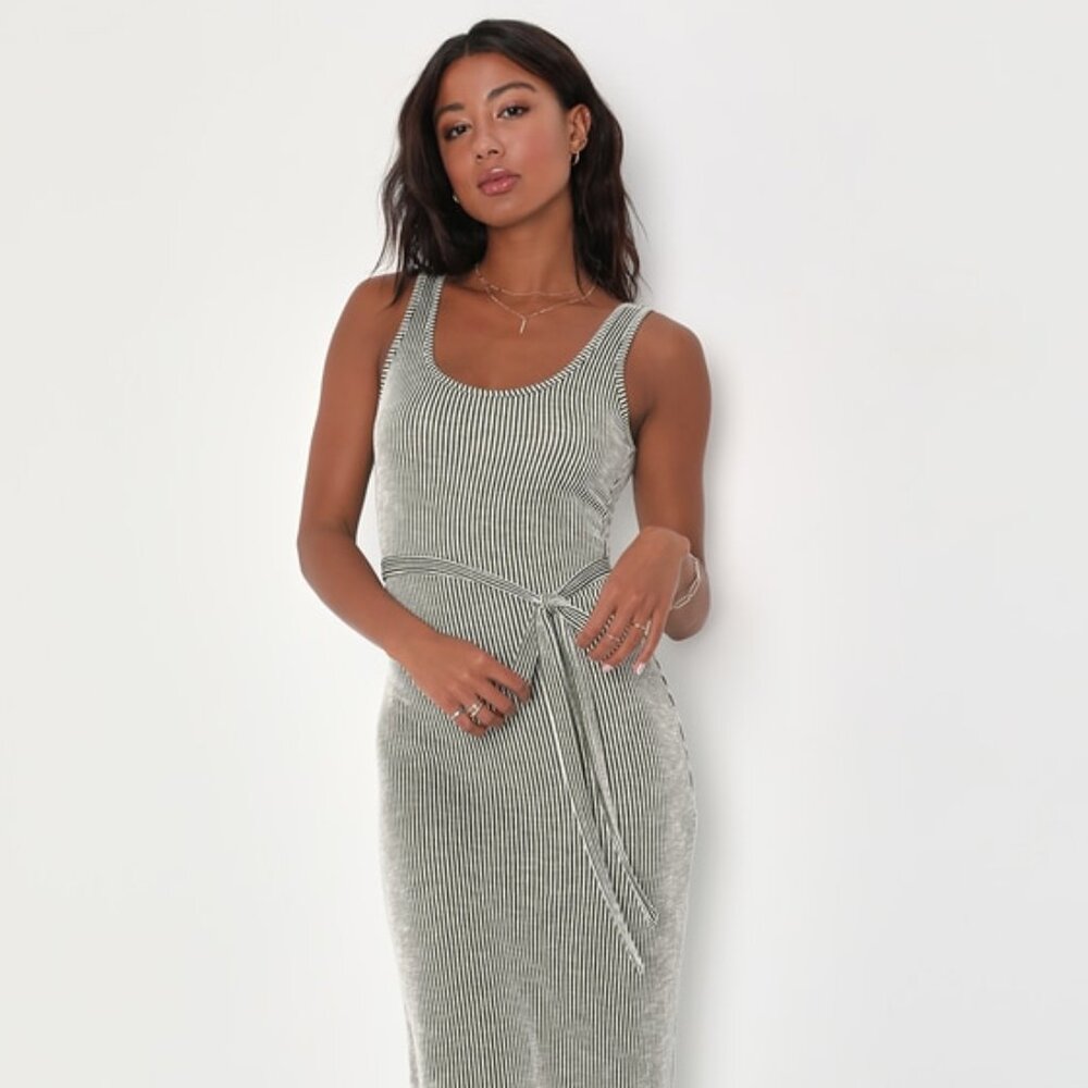 Lulus Summer Perfection Olive And Ivory Striped Ribbed Midi Dress Green - Size S